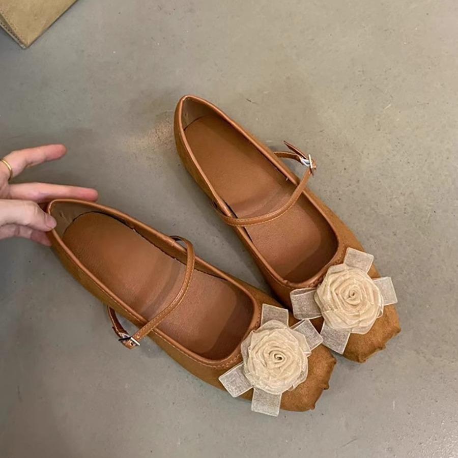 Sheepskin version~ Xiaoxiangfeng camellia leather Mary Jane single shoes women's autumn ballet style flat shoes ballet shoes ladyshoes