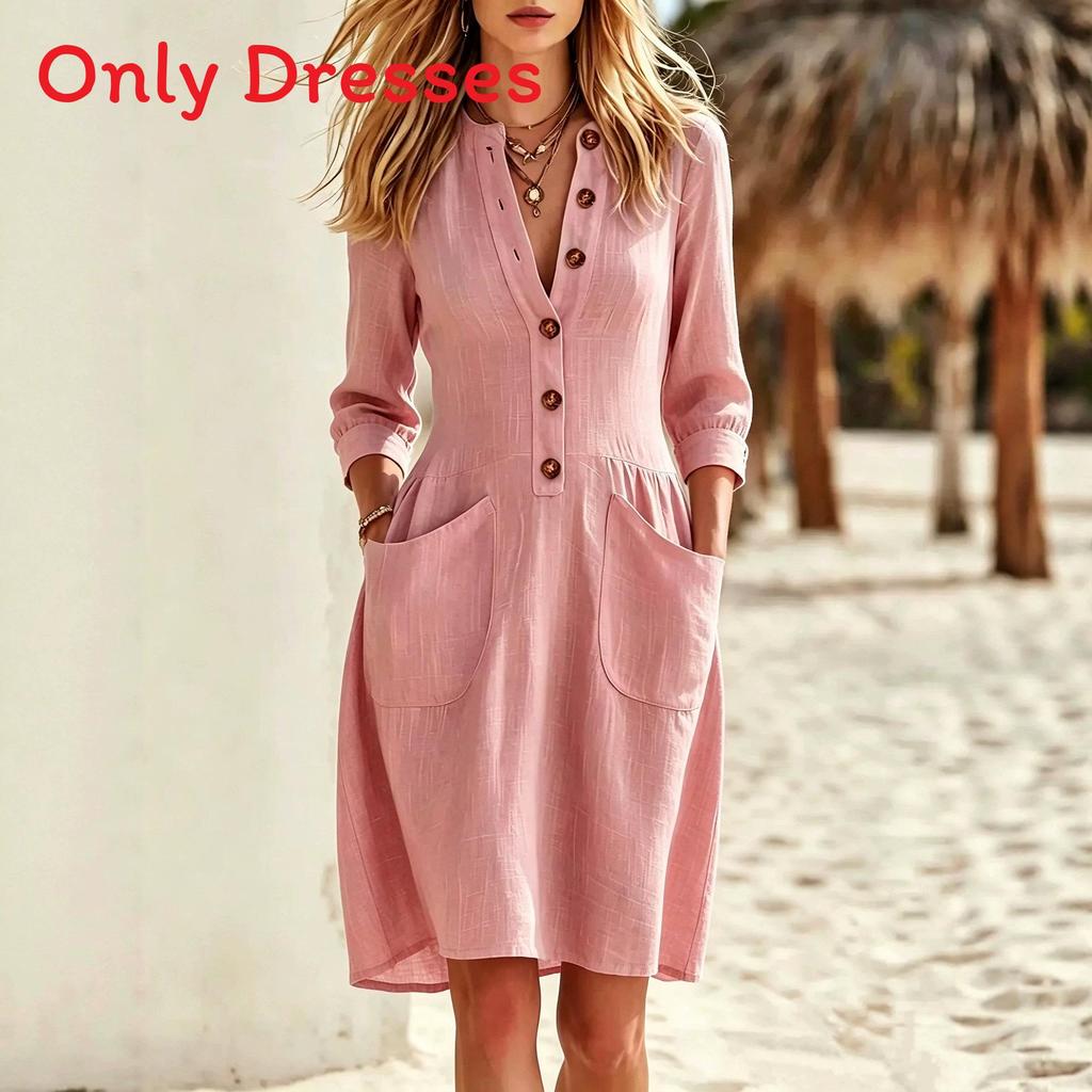 Style V Neck Button Pocket Loose Dress For Casual Travel And Outing