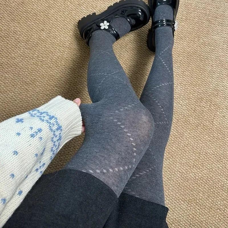Lolita Rhombus Jacquard Pantyhose Retro Knitted Hollow Design Warm Base Leggings Korean Style Autumn Stockings Tights