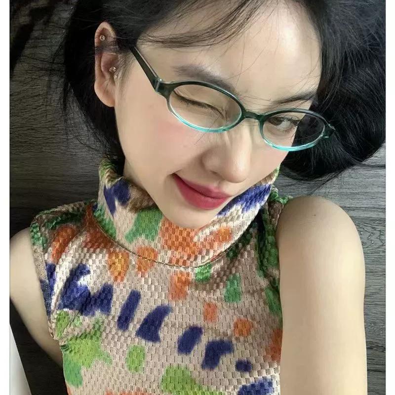 New Retro Small Frame Spicy Girl Anti Blue Light Glasses, Oval Shaped Fashionable Flat Light Glasses for Students