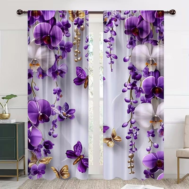 2 Pcs Butterfly Orchid Print Curtains,suitable for Bedroom,living Room Kitchen Decoration,home Decoration,window Decoration