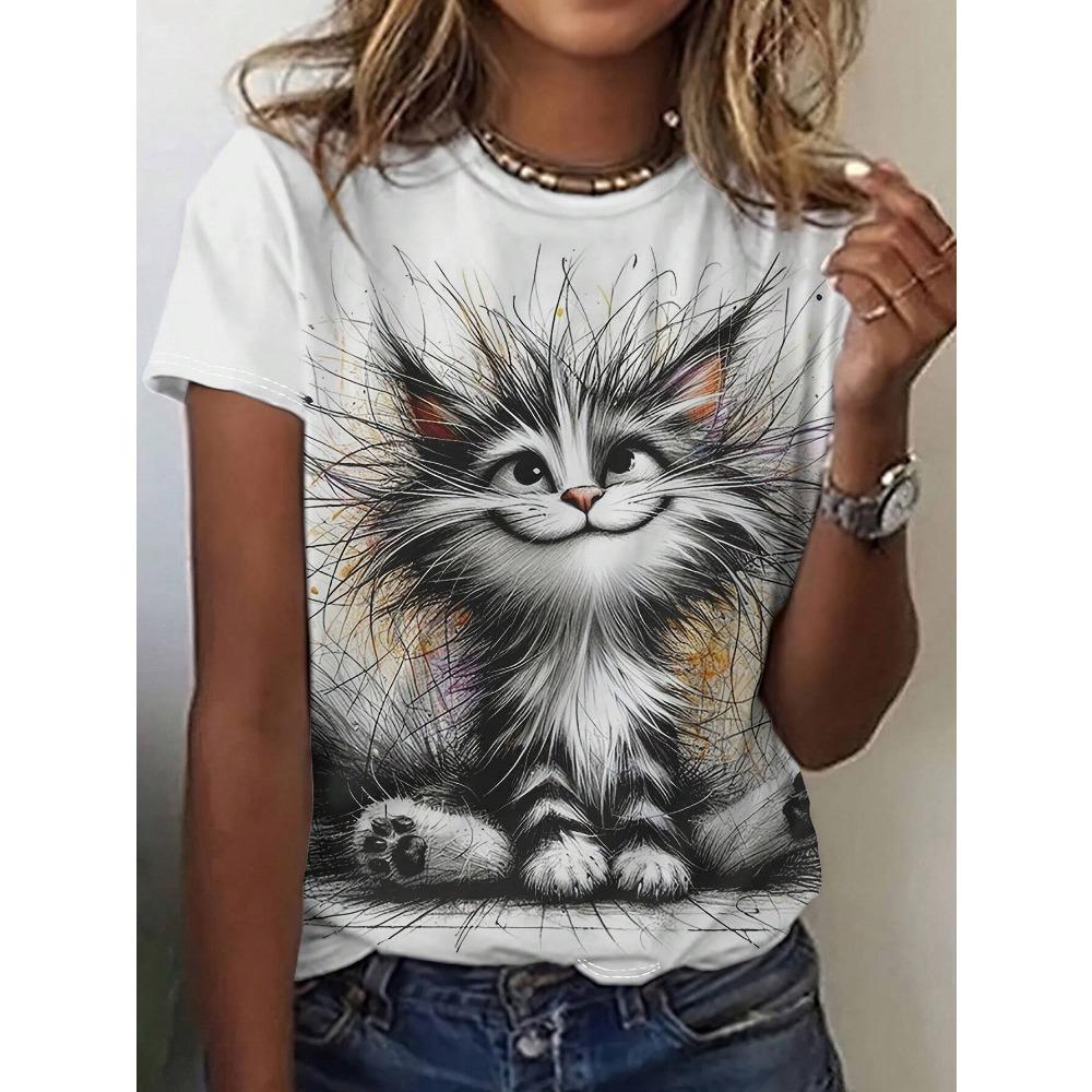 Cute Cat Print T-Shirt For Women Graphic Tees Women Tops