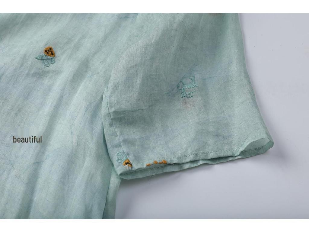 2026 Summer Women's Linen Embroidered Stand Collar Mid-Sleeve Qipao Dress with Slit