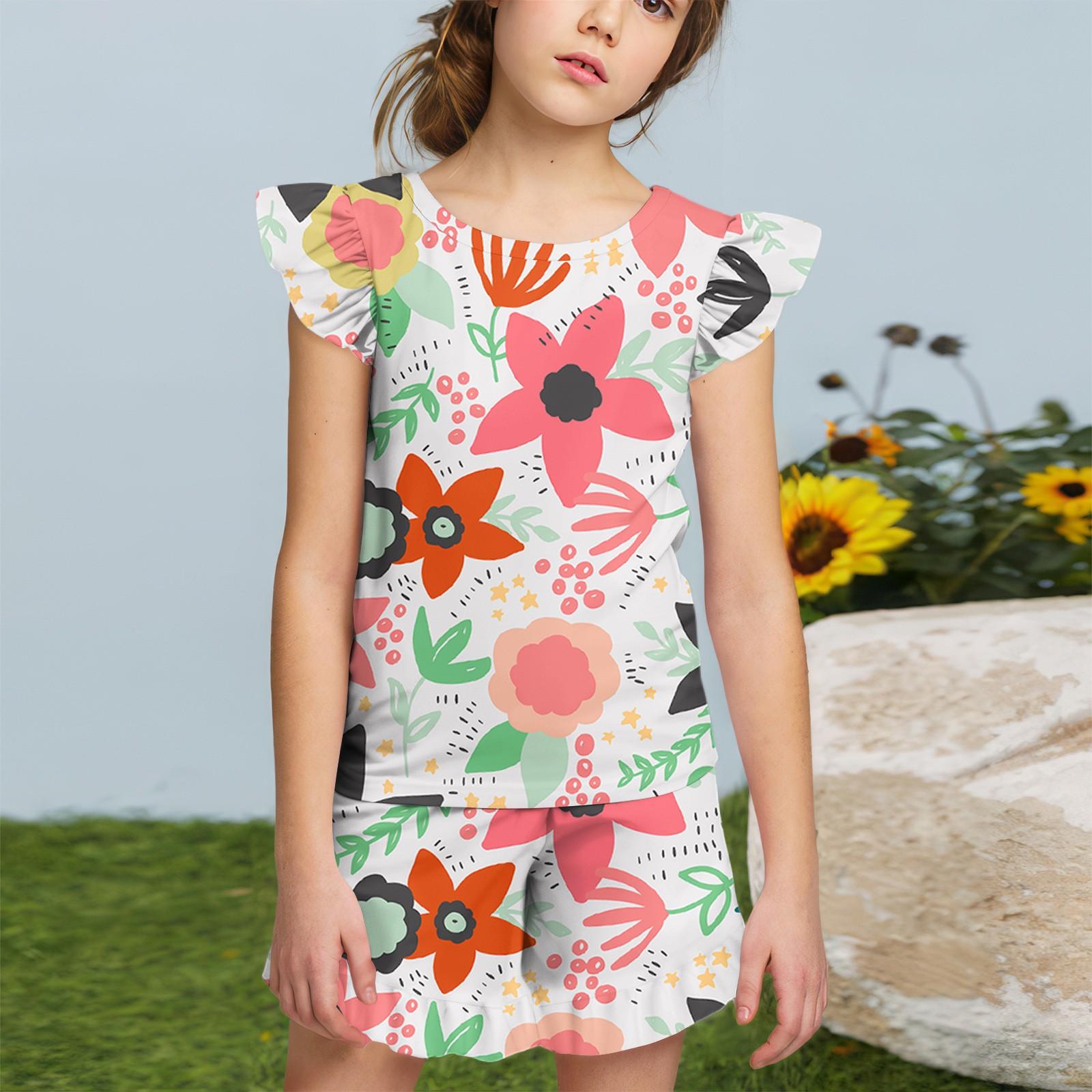 

Летний милый костюм для девочек: футболка с рукавами-крылышками + шорты с оборками, повседневная одежда для улицы, милый повседневный модный комплект из 2 предметов 150 арбуз красный