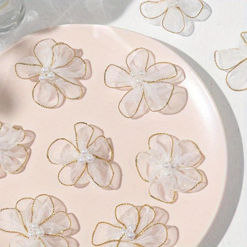 

30 шт. Цветок ручной работы, 3-бусинный 5-лепестковый сетчатый цветок с искусственным жемчугом, 5-лепестковый цветок с искусственным жемчугом, сетчатый цветок с золотой окантовкой, 5-лепестковый цветок с бусинами белый