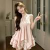 New Chinese-style suit, female summer national style is very good-looking, pink irregular neck top, cake half skirt, a complete set
