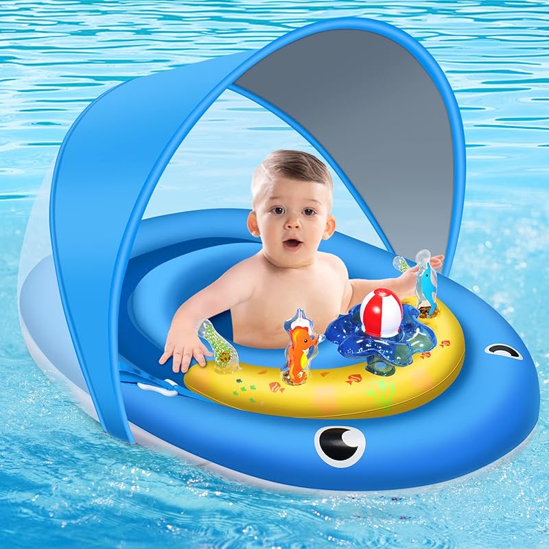 Baby Pool Float with Canopy UPF50+ Sun Protection, 6-24 Months Inflatable Infant Swimming Ring, Bath Floatie, Swimming Pool Accessories, and Toy Play