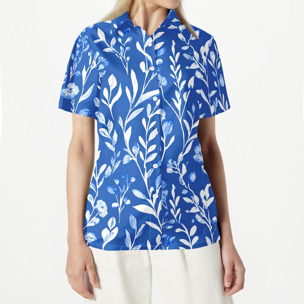 Women's Short Sleeve Floral Print Button Down Collared Blouse, Casual Fashion Top