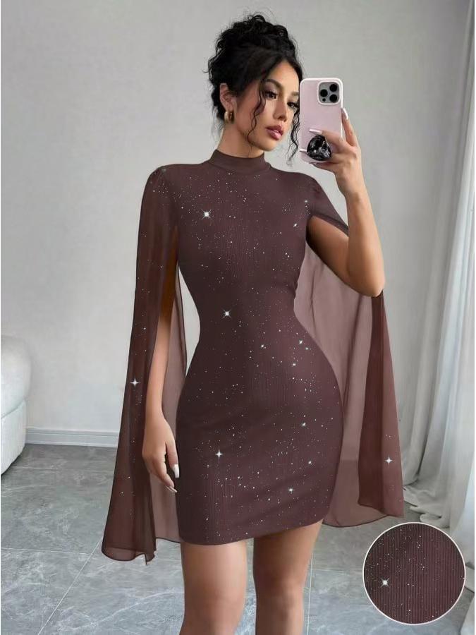 European and American Women's Ribbed Chiffon Cape Bodycon Dress