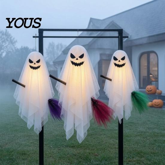 Weather Resistant Halloween Decor 3 Pcs Hanging Ghosts on Brooms, Spooky Flying Gauze Ghost Lighted Yard Sign with Broomstick for Tree, Porch,