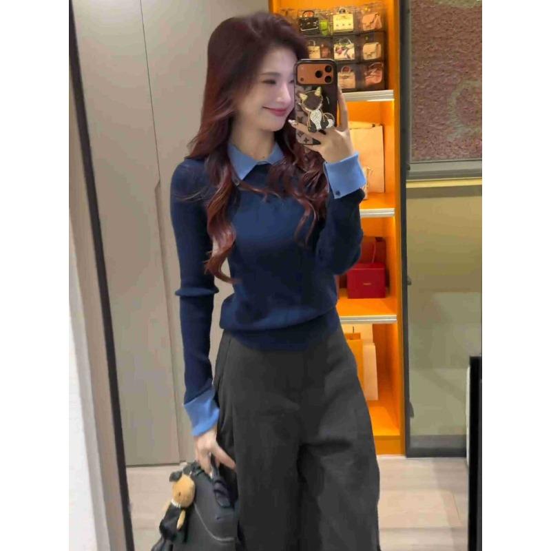 olo lapel contrasting color knitted sweater women's autumn and winter new slim-fitting front shoulder soft waxy long-sleeved inner top sweater