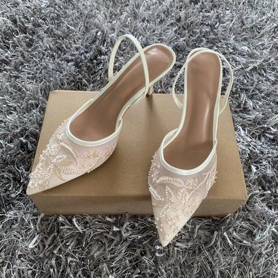 Marca Designer Bianco Donne Scarpe da Sposa Décolleté Rete Ricamato Fiori Cinturino Posteriore Sexy Slingback Tacchi Alti Vestito Scarpe da Donna