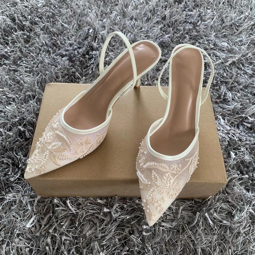 Brand Designer White Women Wedding Pumps Mesh Embroidered Flowers Back Strap Sexy Slingback High Heels Dress Ladies Shoes