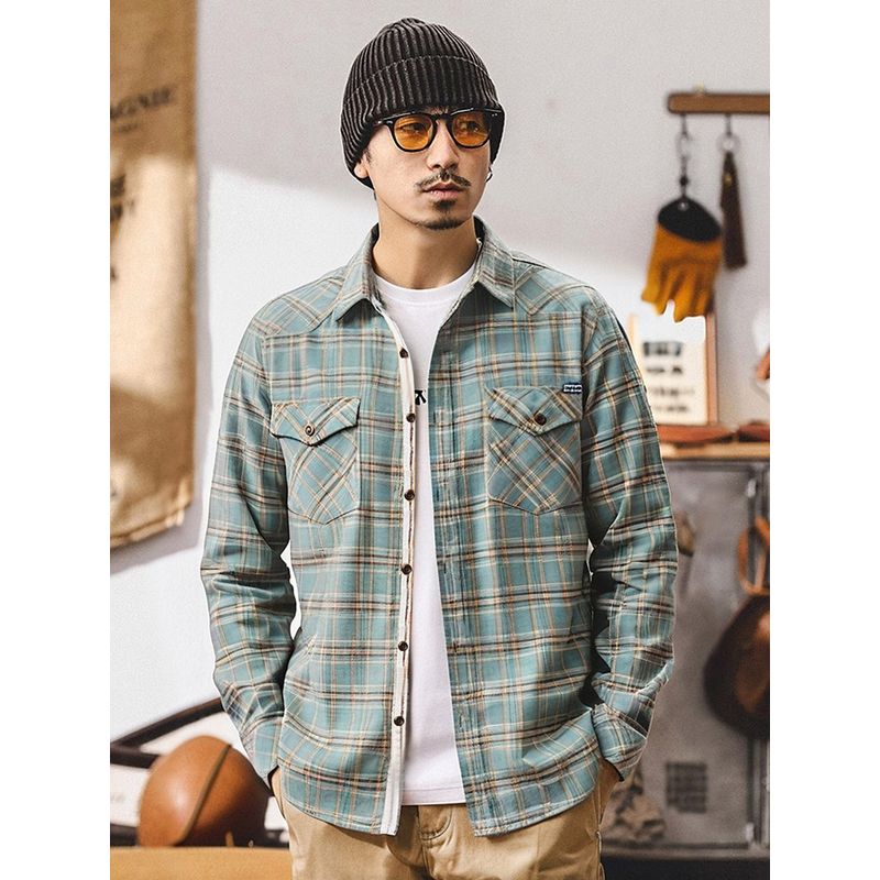 American vintage Heavy Pure Cotton Stiff Cargo Long sleeve Plaid Shirts Outerwear Men's Autumn and Winter Foreign Trade Men's Shirt