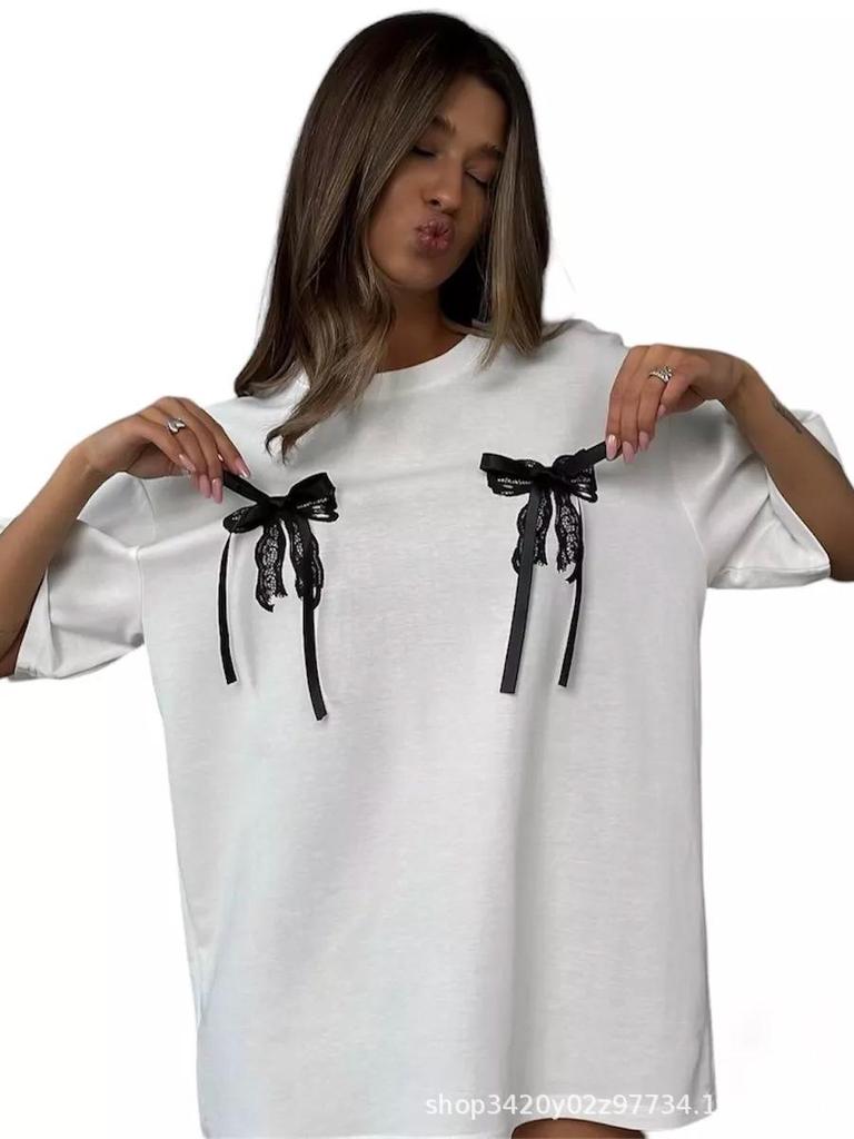 2024 Summer Niche Design 3D Bow Cotton T-Shirt - Simple, Fashionable, Loose-Fit Short Sleeve