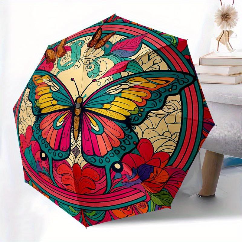 Colorful Butterfly Mandala Wall Art Decor Umbrella, Cute Umbrella with Cute Design, Portable 3-Fold Compact Umbrella for Men & Women, Valentine's Day