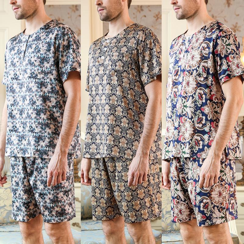 Pigiama Uomo in Cotone Set Manica Corta Camicia Top e Pantaloncini Sleepwear Loungewear 3XL-5XL,Set01,3XL