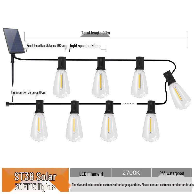 ST38 Solar LED String Lights with USB Charging - Perfect for Courtyard, Decoration, Camping, Outdoor Ambiance Warm White 2700K