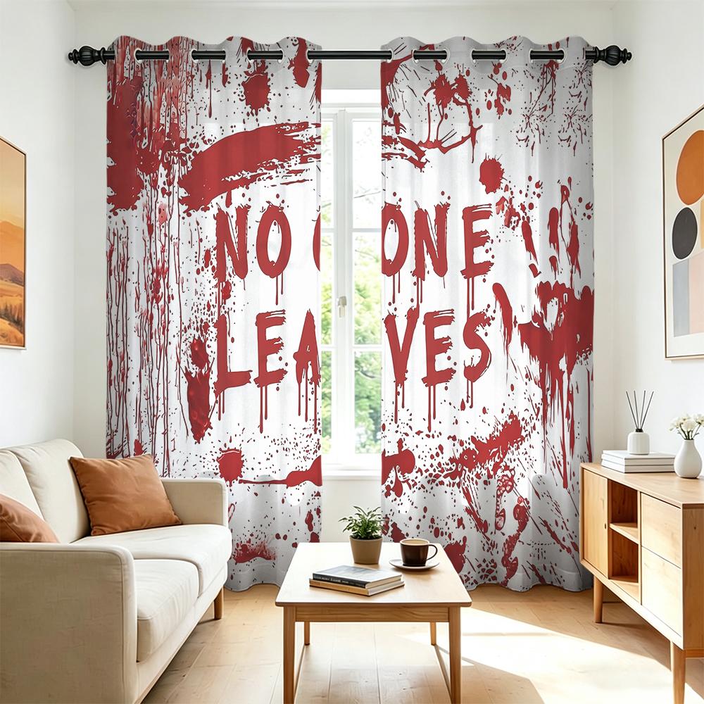 2Pcs Perforated Blackout Curtain Light Block Privacy Drape Living Bedroom Halloween Bloody No One Leaves Text Horror Window D