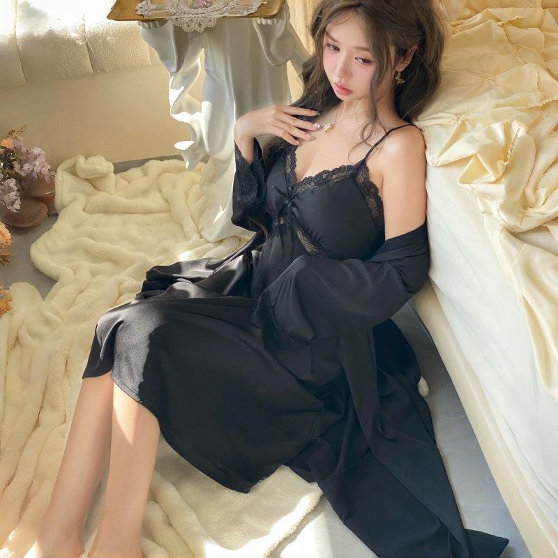 Long ice silk French female sexy lace pajamas spring and summer thin silk suspender pajamas two-piece set
