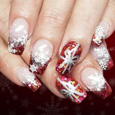 24Pieces Christmas False Nail Red Glitters Snowflakes French Design Press On Nail For Holiday Parties Festive Event