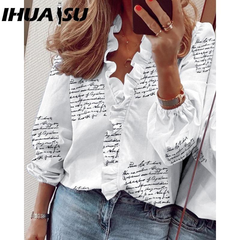

IHUASU Женские модные повседневные блузки и рубашки с длинным рукавом и V-образным вырезом XL белый