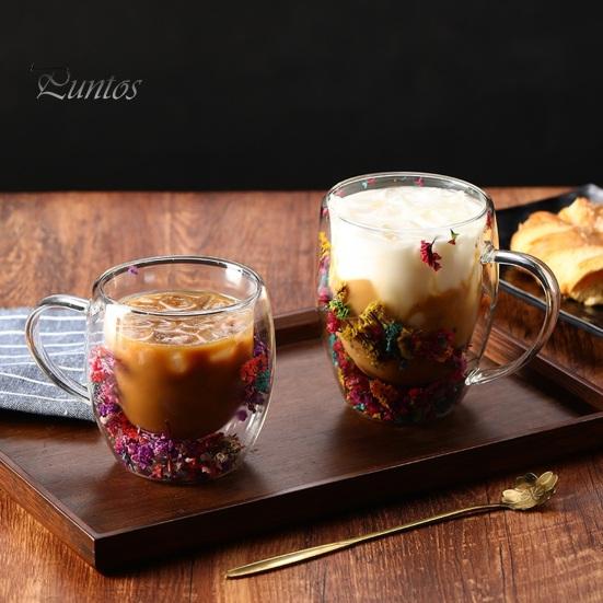 Double Wall Glass Floral Mug 250ml/350ml Clear Aesthetic Drink Cup with Insulated Handle Real Flower Decoration Double Layered Heat Preserving