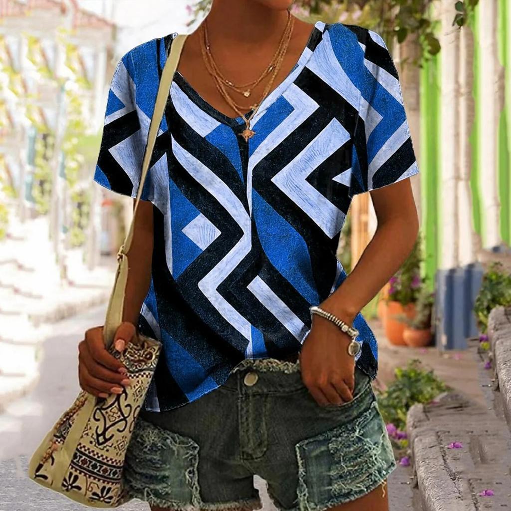 Women's T-shirt Summer Outdoor Casual V-neck Short Sleeve Tops Classic Printed Patterns Large OverSize Loose Women's Clothing
