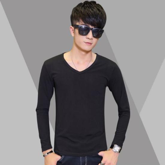 Long Sleeve Men's T-Shirt Slim Fit V-Neck Casual Solid Color Tee Bottoming Top