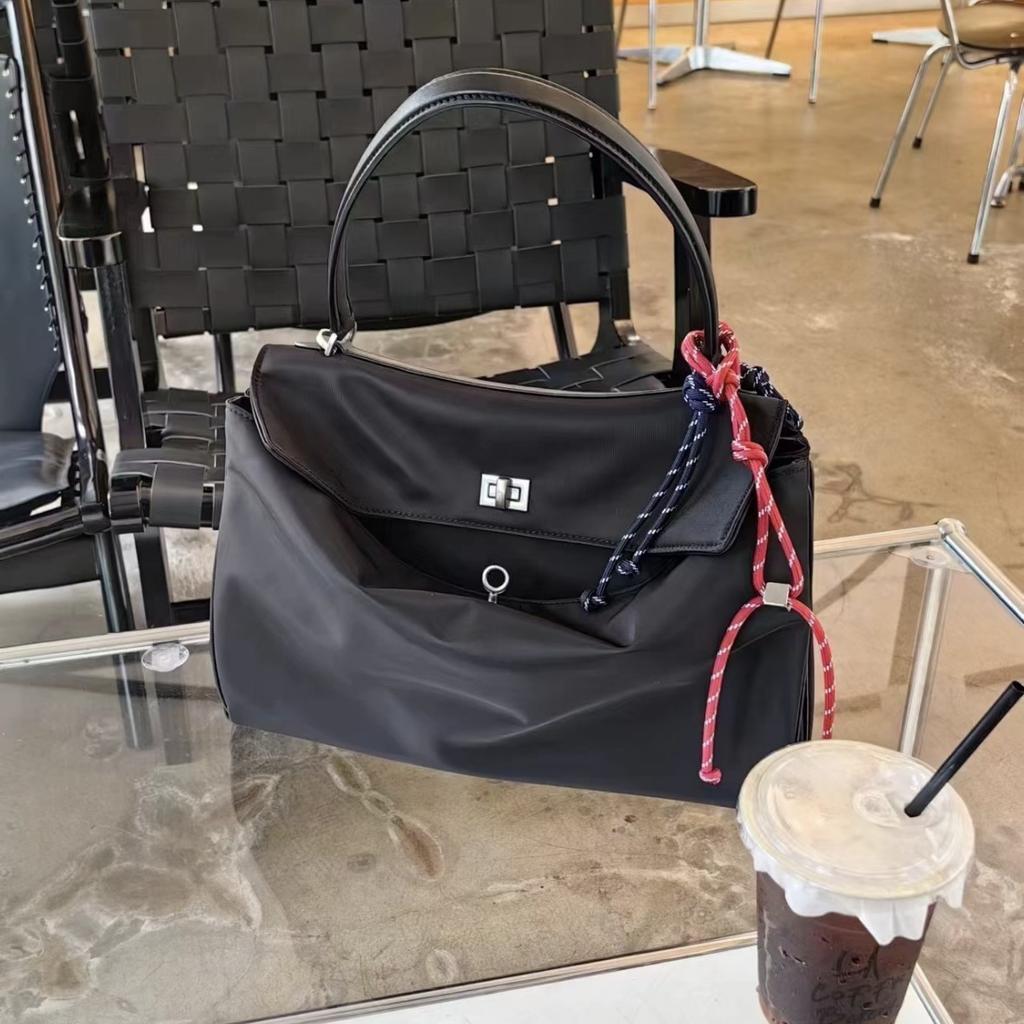 Nylon Tarp-splice Cowhide Underarm Lock Tote Commuter Crossbody Bag for Women