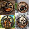Vintage Halloween Door Plaque Decoration Wall Decor Round Wooden Wreath Sign Horror Art Deco Witch Pumpkin