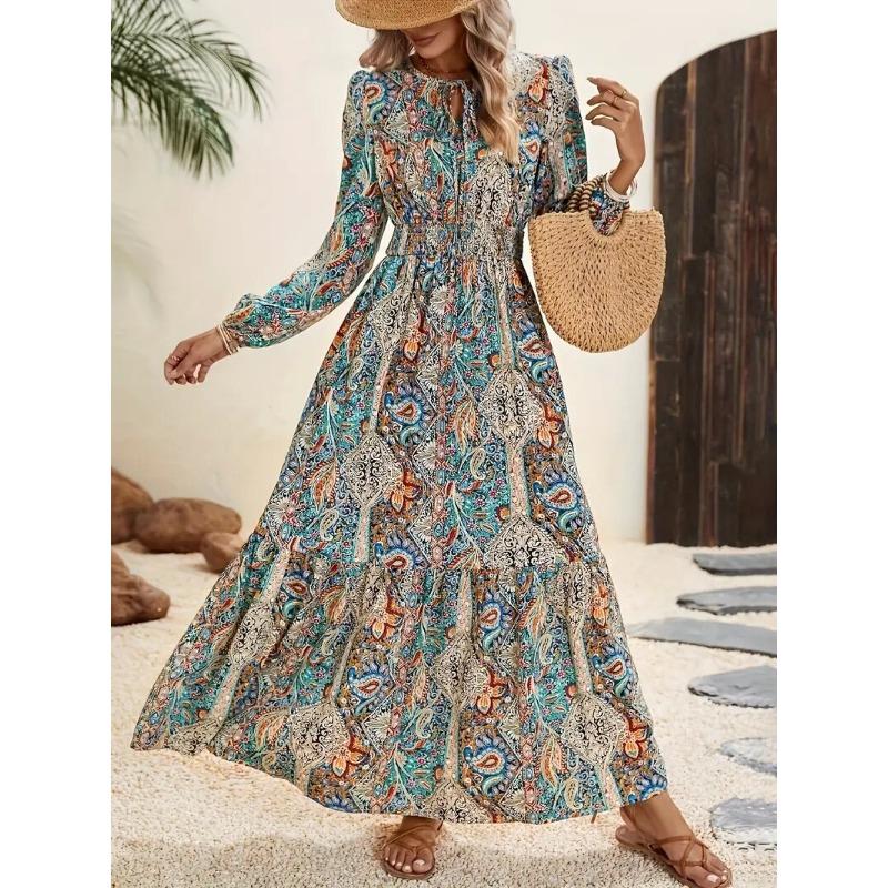 Fall Floral Dress Women's Printed V-neck Dress