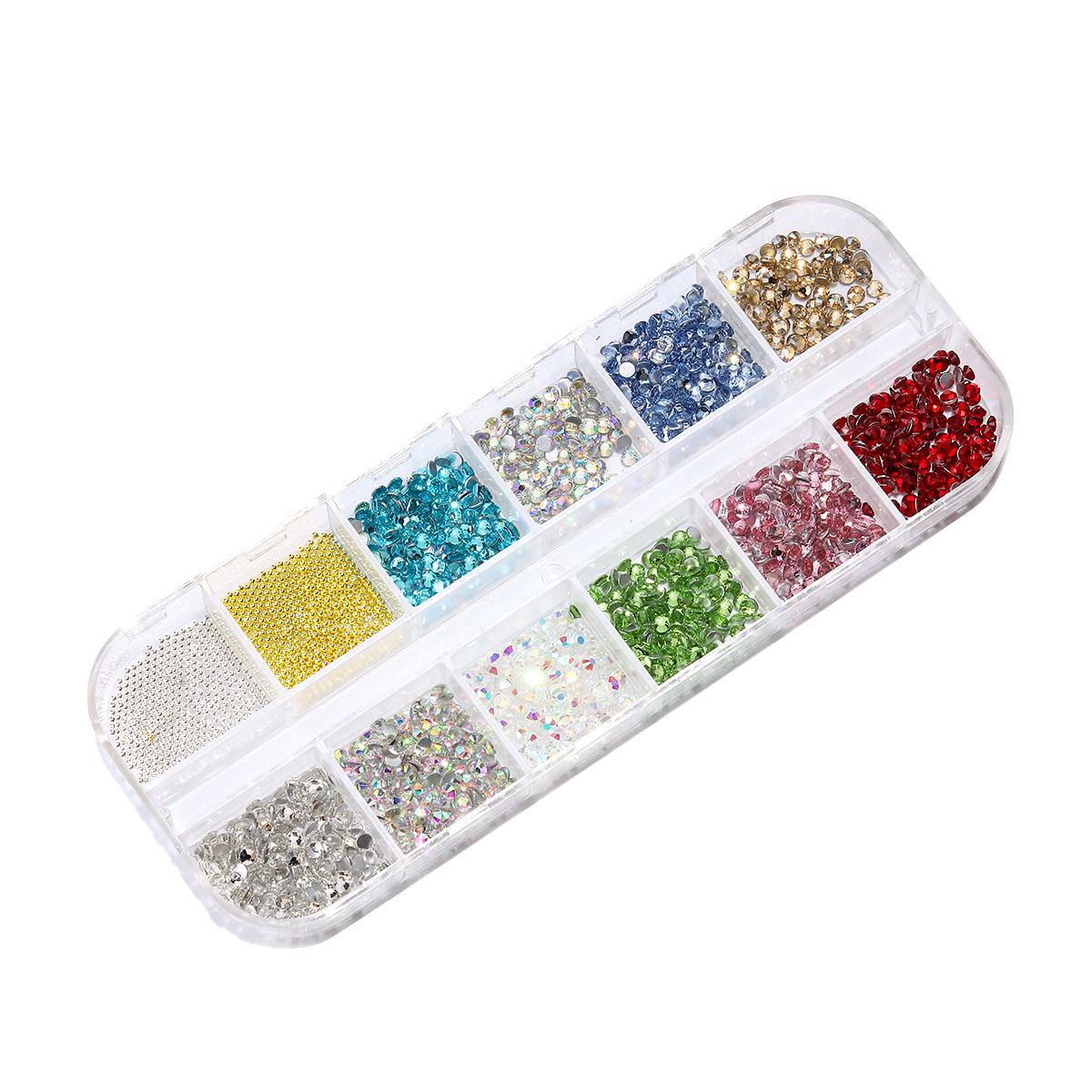 12-Grid Nail Art Set: Colored Flat-Bottom Rhinestones & Gold Silver Steel Beads