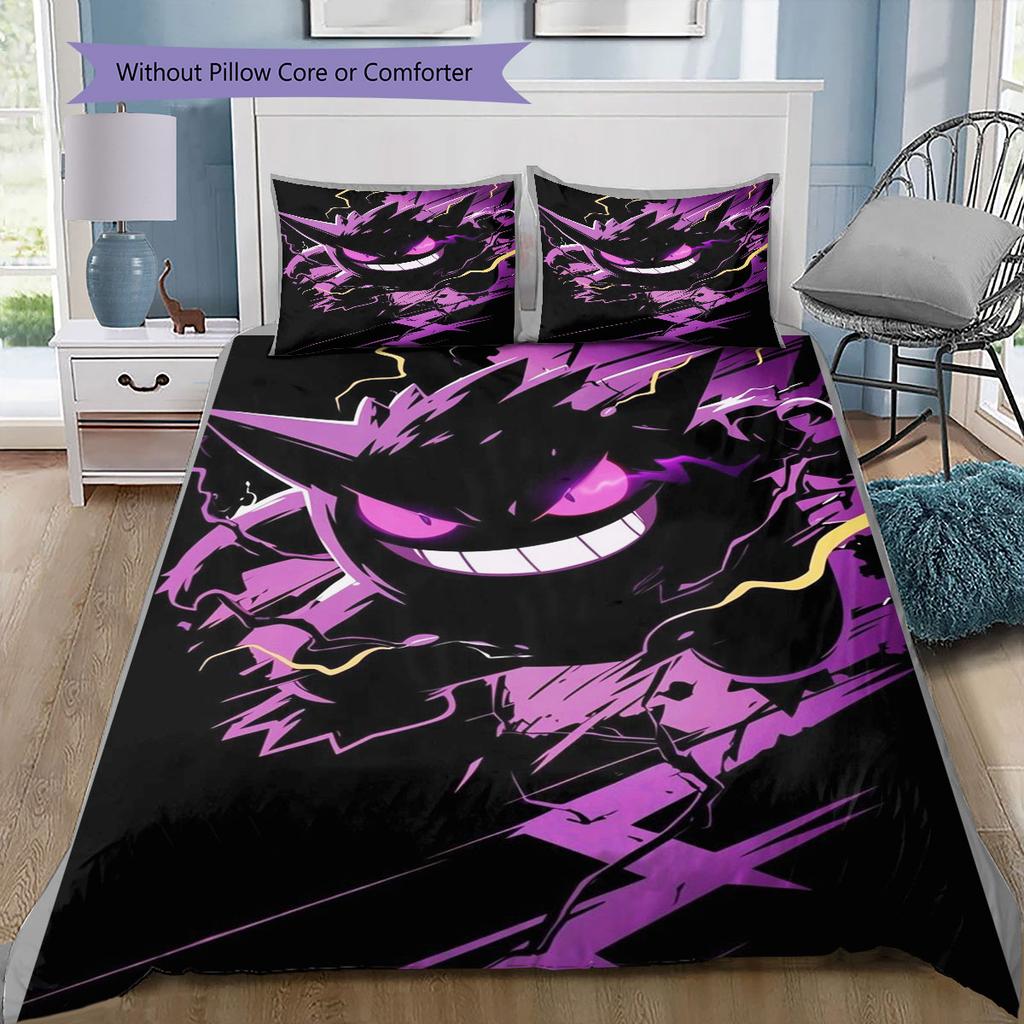 Anime Gengar Printed Bedding Set 3 Piece Soft Microfiber Duvet Cover Set Teens Game Room Decor No Sheet No Filling