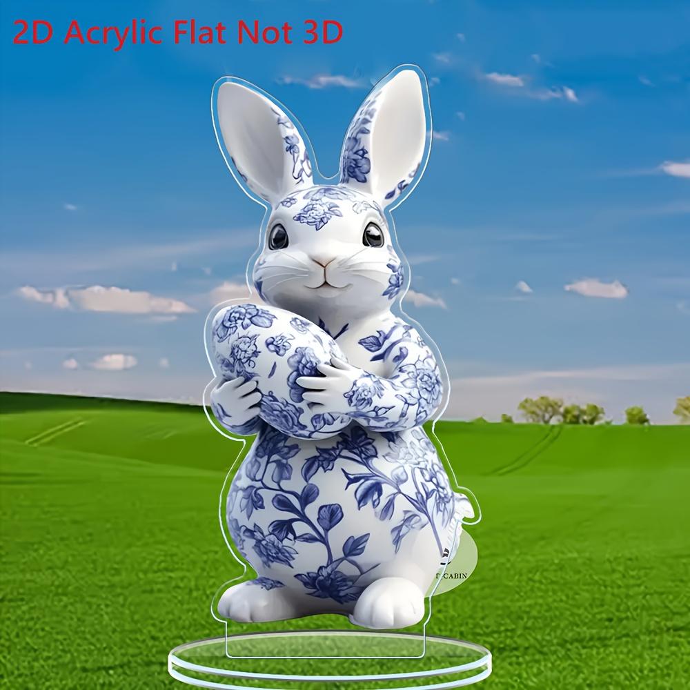 Ornement suspendu Lapin en Acrylique Plat 2D Bleu Blanc Porcelaine, Décoration Fenêtre Salon Maison, Cadeau de Pâques Thanksgiving Pour Amis