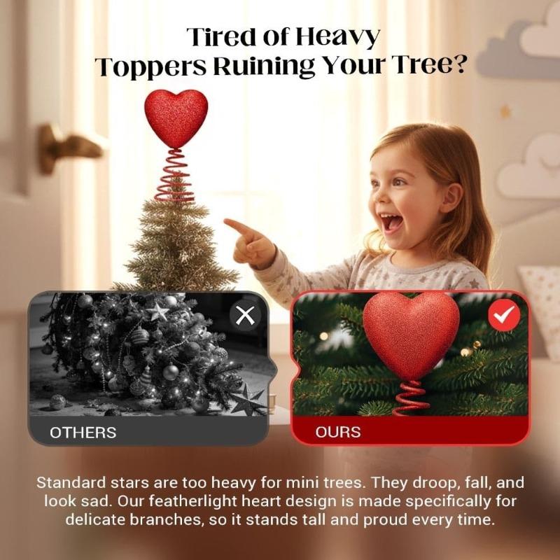 Glitter Red Heart Mini Valentine's Day Tree Topper, 2026 New Spiral Base Love Ornament for Mini Trees Wedding Shower Party Home Holiday Decor Supplies