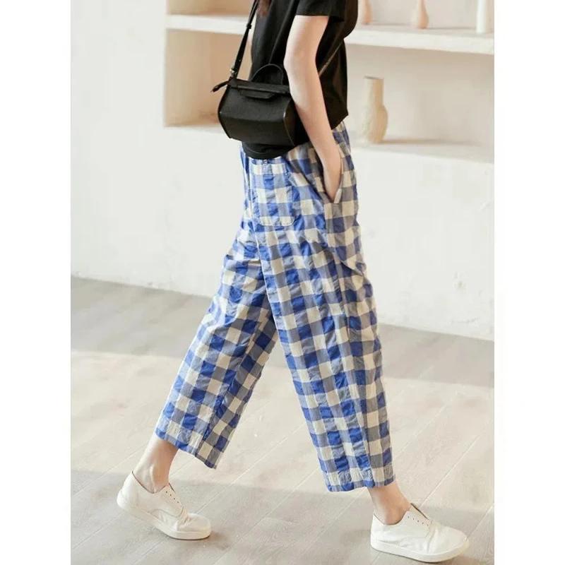 

Large Size Slimming Versatile Elastic Waist Nine-point Casual Pants Retro Cotton and Linen Plaid Harem Pants for Women Loose L