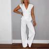Women's White V-Neck Short Sleeve Blouse with Crossed Pleats and Wide Leg Pants Set