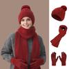 3Pcs/Set Winter Hat Scarf Gloves Set Solid Color Windproof Plush Ball Hat Neck Warmer Touch Screen Gloves Set