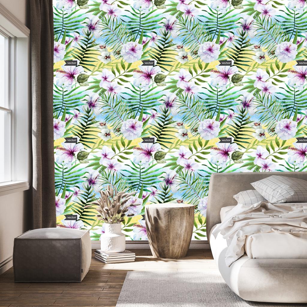 Hibiscus, orchid and palm leaves wallpaper for living room and bedroom 50x1000