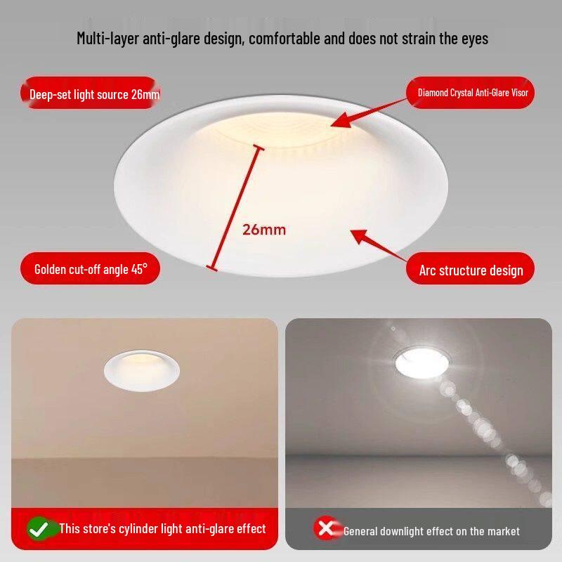 Frameless 75mm LED Downlight, Deep Anti-Glare, Eye-Protective Spotlight for Living Rooms.