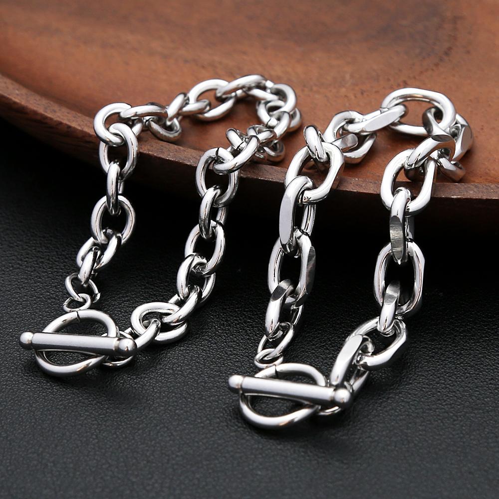 Simple 316L Stainless Steel Bracelet For Women Men Hip Hop Punk Silver Color OT Buckle Link Chain Bangles Couple Jewelry