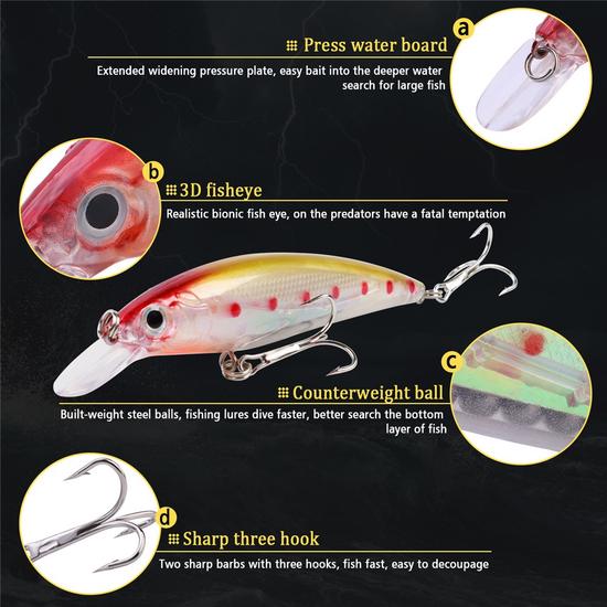 10Pc Minnow Fishing Lure Hard Bait Lures Lifelike with 2 Treble Hooks