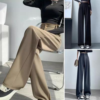 Women Pants High Waist Straight Wide Leg Trousers with Pockets Button Zipper Fly Solid Color