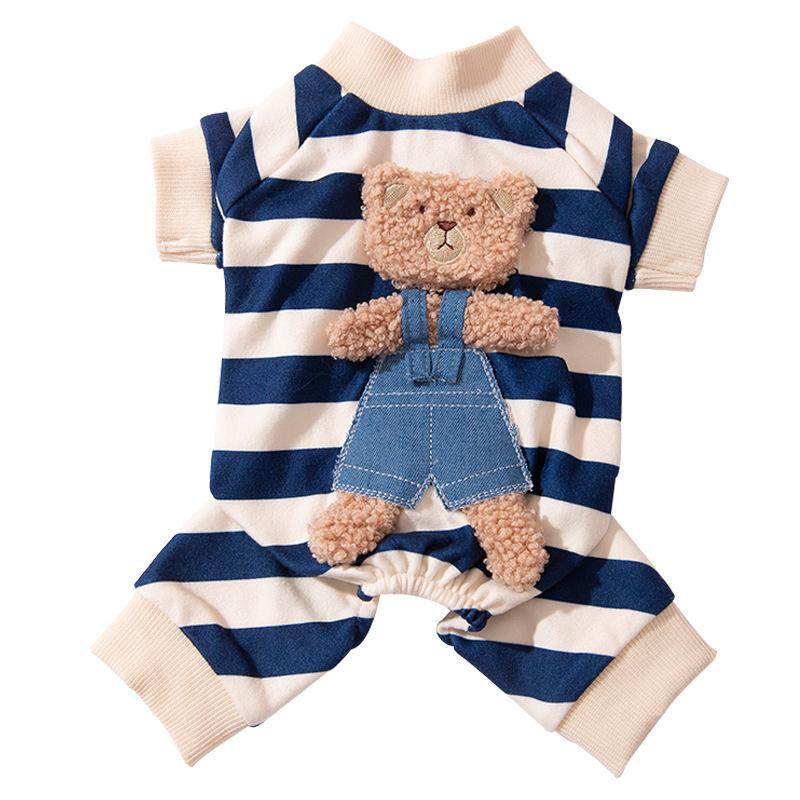 Cute Bear Striped Four-legged Loungewear Blue Cat Puppet Cat Spring and Autumn Thin Kitten Milk Dog Pet Cat Clothes