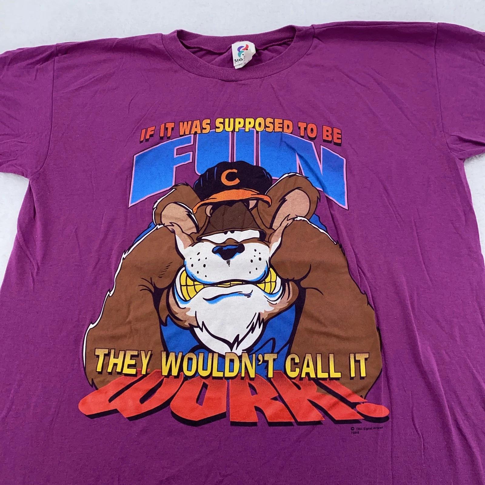 

Vintage Funny Work Bear Signal Artwear Shirt Mens Large Purple Graphic 90s USA 3XL