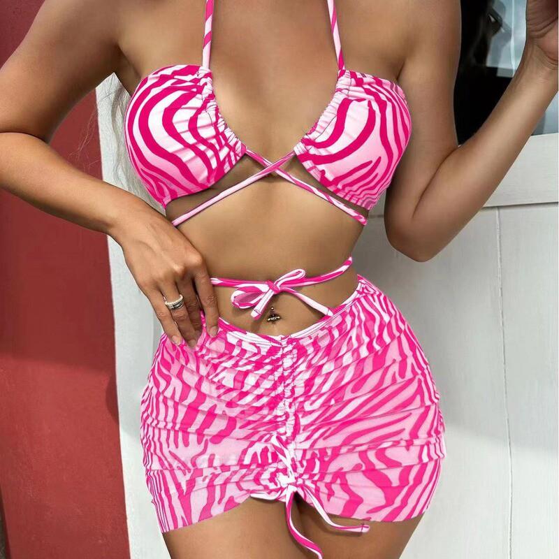 Striped Tie-Waist 3-Piece Bikini Set With Removable Pads Womens Swimwear Pool Beach Vacation