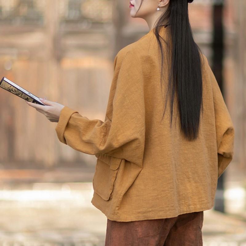 Johnature Women Vintage Shirts Tops Spring Chinese Style Solid Color Blouses Pockets Button Stand Shirts