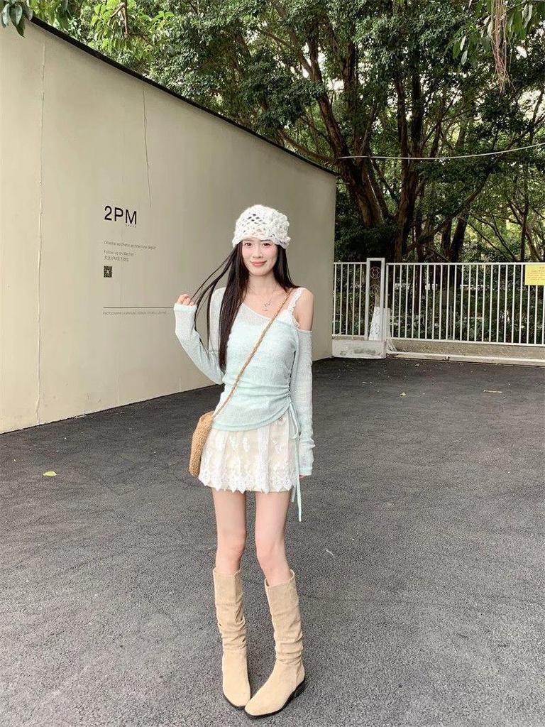 Damen Sommer 2025 Urlaubsstil Set: Spitzen-Camisole, Schulterfreier Kordelzug-Cardigan mit dünnen langen Ärmeln zum Sonnenschutz