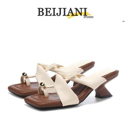 BEIJIANI Retro Knöchelriemen High Heel Mules für Damen - Französischer Stil mit unregelmäßigen Absätzen